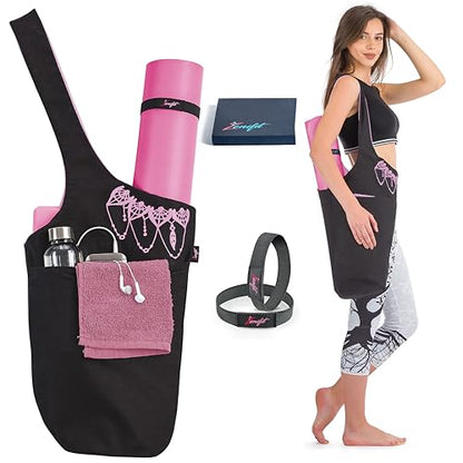 Yoga Mat Bag – Versatile Yoga Bag with Mat Straps & Storage Pockets, Holds Yoga & Pilates Mats, Lightweight & Durable - color: Black & Pink