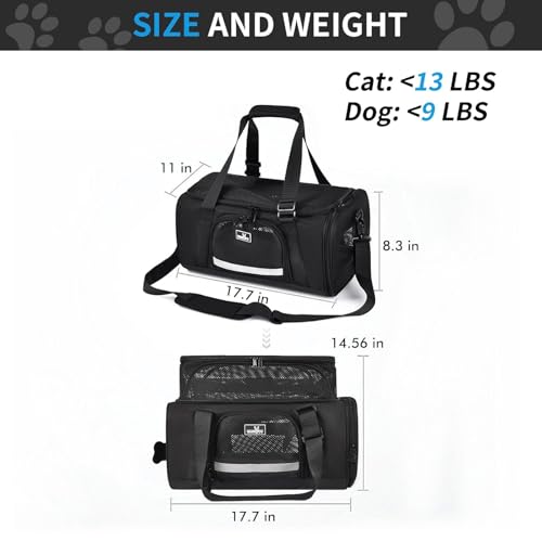 Wakytu Airline Approved Pet Carrier, Collapsible Cat Carrier, Expandable Dog Carrier, 900D High Density Oxford Cloth, Wear-Resisting, Anti Tearing, Safety Lock Zipper, Reflective Tape - color: 2.0 Black, size: 17.7"L x 11.0"W x 8.3"H