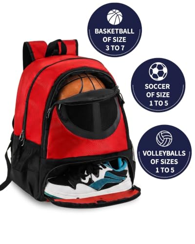 Basketball Bag Backpack for Men Women with Ball & Shoes Compartment 30L Capacity Lightweight Breathable Boys Girls Soccer Ball Bag Backpack Fit Volleyball Football Sports Travel School Gym - color: TK8Red