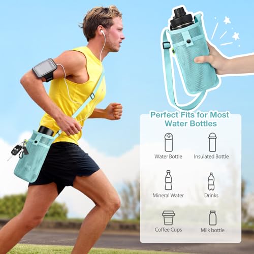BINSUNS 2 Pcs Large Water Bottle Bag with Strap, Mesh Water Bottle Carrier Holder Crossbody Water Sling Bag Shoulder Strap and Pocket - Walking Sports Hiking Camping (Pink+Light Blue) - color: Pink+Light Blue, size: 2 Pcs-Large