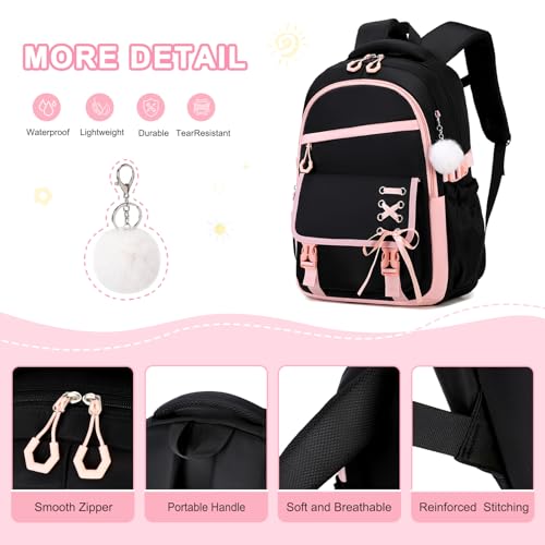 Scothen 3PCS Girls Backpack for School, Kids Backpack for Girls with Lunch Bag Pencil Case, Kids Bookbag Teen Backpacks for Elementary Middle High School (Black-Pink) - color: Black-pink