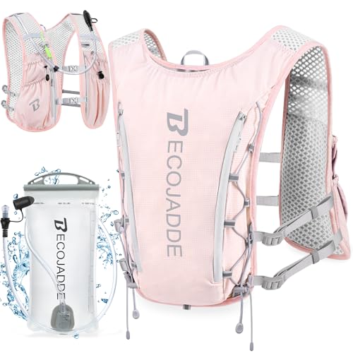 BECOJADDE Running Vest Hydration Backpack for Men Women, 5L Lightweight Running Backpack Hydration Pack for Marathon, Trail, Cycling, Hiking, Jogging - color: Pink, size: 5l Running Vest With One 1.5l Water Bag