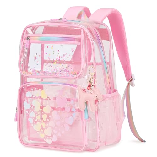 MOONBABY Clear Backpack for School Girls, Heavy Duty TPU Transparent Backpack Stadium Events Approved, Clear Bookbag - color: Pink