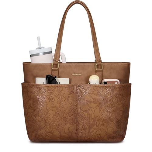 LOVEVOOK Work Tote Bags for Women, Embossed Retro Leather 15.6 Inch Laptop Bag with Large Cup Holder, Teacher Nurse Medical Professional Computer Bag, Office Briefcase Handbag Gift - color: Embossed Retro Brown, size: 15.6 Inch