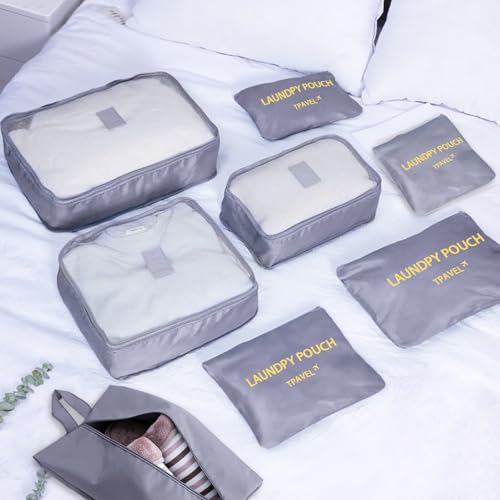 8 Set Packing Cubes for Travel Luggage Packing Bags Reusable Waterproof Suitcase Organizer Cubes Set with Shoe Bag and Toiletry Bag (Grey) - color: Grey