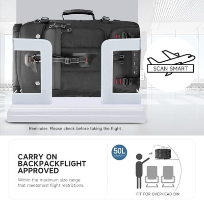 SWICKY Travel Backpack for Men, 50L Carry On Flight Approved Convertible Duffle Bag with Shoe Compartment, 17 inch Laptop Backpack Luggage Bag with USB Charging Port for Weekender Camping Hiking