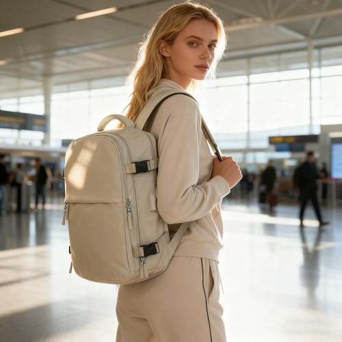 suwasp Vacuum Compression Backpack, 45L Expandable Travel Backpack with Electric Vacpack Pump, Travel Vacuum Bags with Shoe Compartment/17inch Laptop Compartment/USB Port, Beige - color: Beige, size: Medium
