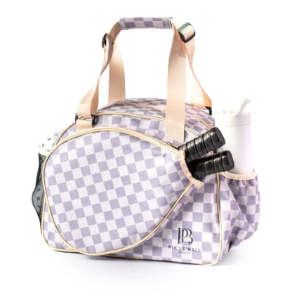 Pik’le’Ball Sport Premium Women's Pickleball Bag – Stylish and Versatile Sports Bag with Water Bottle Holder, Padded Paddle Pocket, and Spacious Design (fits 2+ Paddles!) - color: Checkered Chic Tan