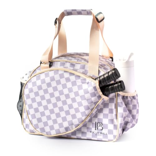 Pik’le’Ball Sport Premium Women's Pickleball Bag – Stylish and Versatile Sports Bag with Water Bottle Holder, Padded Paddle Pocket, and Spacious Design (fits 2+ Paddles!) - color: Checkered Chic Tan