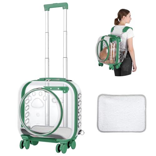 Cat Carrier Backpack with Silent Wheels, Clear Cat Stroller with Ventilation Holes, Telescopic Handle, Convenient Portable Cats Dogs Backpack for Travel (Green-B) - color: Green-B