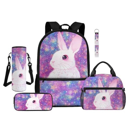 ZDCUSTOM Kids School Backpack Set 5 Pieces, Bunny Bookbag for Boys Schoolbags with Lunch Box, Pencil Bag, Cup Sleeve, Keychain, Schoolbags with Side Pockets, Back to School Supplies for Girls - color: Bunny