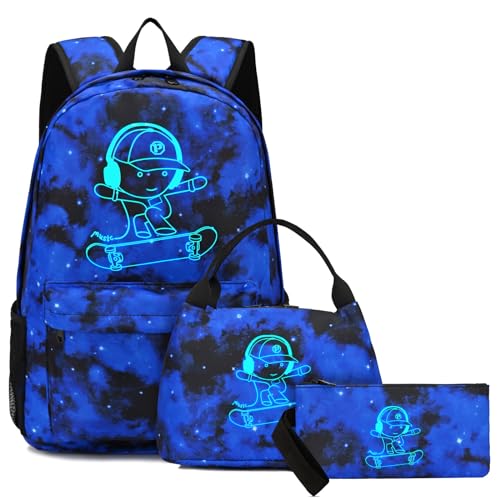 Kids Backpack School Backpack for Boys, Elementary Primary Middle School Bags With Lunch Bag & Pencil Case, Lightweight Laptop Backpack College Bookbag Travel Dayback, Blue - style: Skateboard-blue1