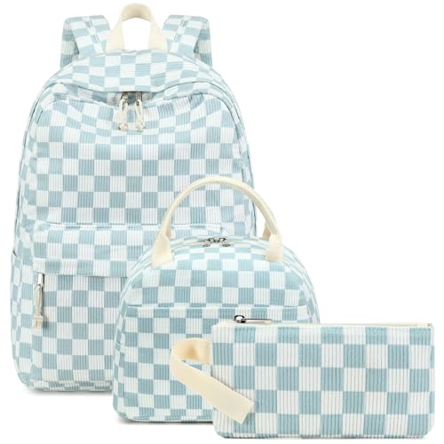 Bluboon School Backpack Set Girls Womens Laptop Bookbag Casual Daypack Fits 15 inch Laptop with Lunch Tote Bag and Pencil Bag - color: Blue Checked