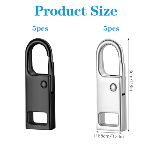 10PCS Zipper Pull, Metal Zipper Pull Replacement Detachable Tabs Repair Kit for Luggage Clothing Backpacks Boots and Jackets Black+Silver