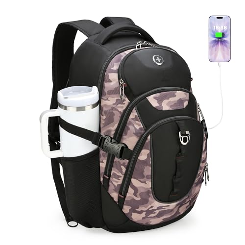 Swissdigital Design Laptop Backpack with USB Charging Port, Travel Backpack Fits 15.6 inches Computer, 31L College School Backpack for Men, Khaki Camo | SD803-94 - color: Khaki Camo