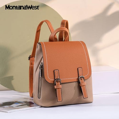 Montana West Small Backpack Purse for Women Vegan Leather Mini Colorblock Womens Backpack Cute Convertible Shoulder Bag - color: Camel