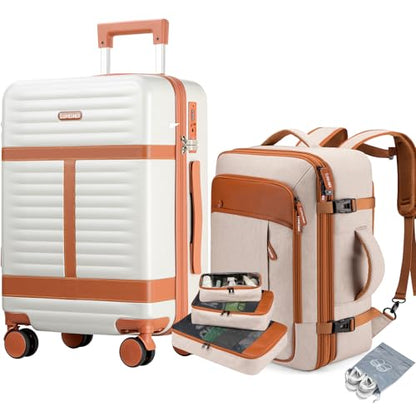 Lumesner 5 Piece Carry On Luggage Set With Travel Backpack & Packing Cubes - color: Beige(20inch-5piece Set)