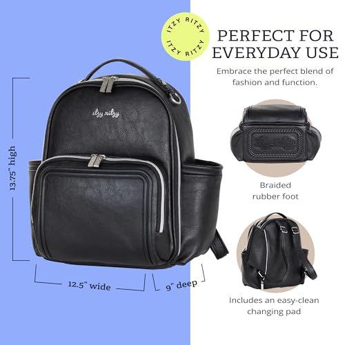 Itzy Ritzy Mini Diaper Bag Backpack – Chic, Compact Mini Plus Backpack with Changing Pad, 10 Pockets (6 Internal, 4 External), Grab-Top Handle & Rubber Feet (Black w/Silver Hardware) - color: Black With Silver Hardware - Plus