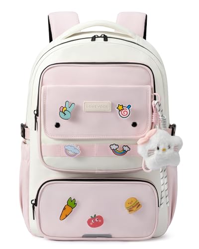 LOVEVOOK School Backpack for Teen Girl, Cute Bookbag with Large Bottle Holder, Lightweight Elementary Middle High School Student Backpack Fits 15.6 Inch Laptop, Back to Schools Kid Gift, Pink-Cream - color: Light Pink - Cream, size: 15.6 Inch