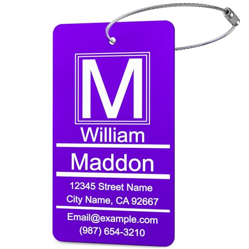 Luggage Tags for Suitcase - Personalized Engraved Metal Tag for Cruise Travel Purple - Custom Name Tags Suitable for Bags and Backpacks - color: Purple, size: Vertical (2x3.5")