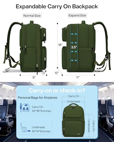 MILADA Expandable Travel Backpack 28L to 39L, TSA-Approved Carry On Backpack with 17 Inch Laptop Compartment, School Business Work Backpack for Men & Women, Green - color: Green