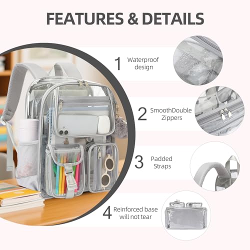 Clear Backpacks for Girls Boys, Heavy Duty PVC Transparent School Bookbag See Through Back Pack for College Work Travel (Light Grey) - color: Light Grey