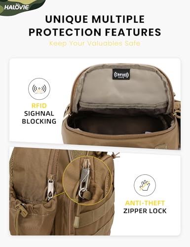 HALOVIE Anti-theft Tactical Sling Bag RFID Khaki Military Shoulder Bag with Phone Pack EDC Molle Crossbody Bag for men - color: Khaki