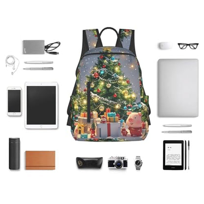 Travel Backpack for Women Men Christmas Tree and Piggy Daypack 15 inch Lightweight Computer Bag Casual Back Pack - color: Christmas Tree and Piggy
