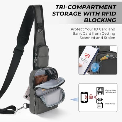 Anti-Theft Crossbody Sling Bag, RFID Blocking, Zipper Lock, Small - color: Grey