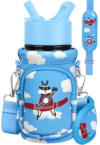 Miss Adola Water Bottle Carrier with Strap - Insulated Kids Water Bottle Holder for Boys Girls Bottle Bag for 10-18Oz - color: Airplane Raccoon