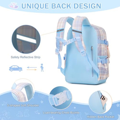 FIXITOK Girls Backpack Set, 3PCS Kids Backpack for Girls, Kawaii Bunny School Backpacks for Girl Kindergarten Elementary Preschool Middle School Bags with Lunch Box Pencil Case Blue-Plaid - color: Blue-plaid