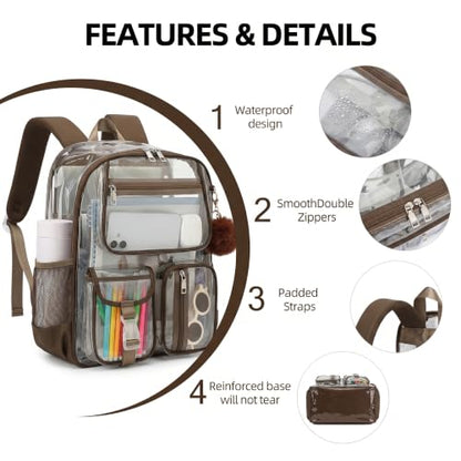 Clear Backpacks for Girls Boys, Heavy Duty PVC Transparent School Bookbag See Through Back Pack for College Work Travel (Coffee) - color: Coffee