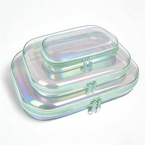 Clear Hard Shell Zipper Case,3PCS Transparent Clear Laser Zipper Pouches,Hard Side Plastic Case Set,Portable Travel Storage Organizer Bins - color: 3pcs-Green-LMS-Laser