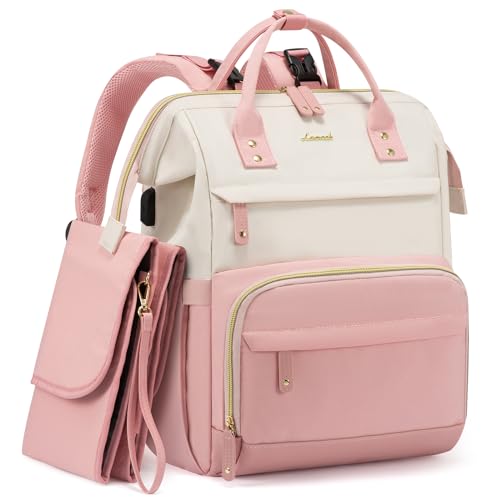 LOVEVOOK Diaper Bag Backpack, Baby Bag with Changing Station, Large Diaper Backpack for Moms Dads, Waterproof Leather Accents Baby Boy and Girl Bag for Travel Baby Essentials, Pink-Beige - color: Pink-beige