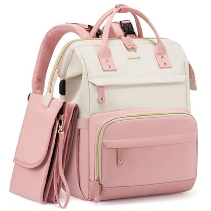 LOVEVOOK Diaper Bag Backpack, Baby Bag with Changing Station, Large Diaper Backpack for Moms Dads, Waterproof Leather Accents Baby Boy and Girl Bag for Travel Baby Essentials, Pink-Beige - color: Pink-beige