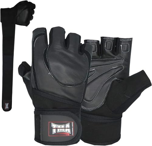 TMA Weight Lifting Gloves for Gym Workout – Cowhide Leather, Long Wrist Support with Anti Slip Palm Protection – Great Grip for Fitness, Bodybuilding, Powerlifting, Strength Training & Exercise - size: Large