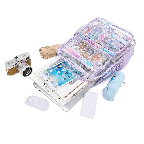 MOONBABY Clear Backpack for School Girls, Heavy Duty TPU Transparent Backpack Stadium Events Approved, Clear Bookbag - color: Purple Mermaid