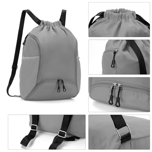Valleycomfy Sports Gym Bag Drawstring Backpack with Shoes Basketball Bag and Two Water Bottle Holder,Grey - color: Grey