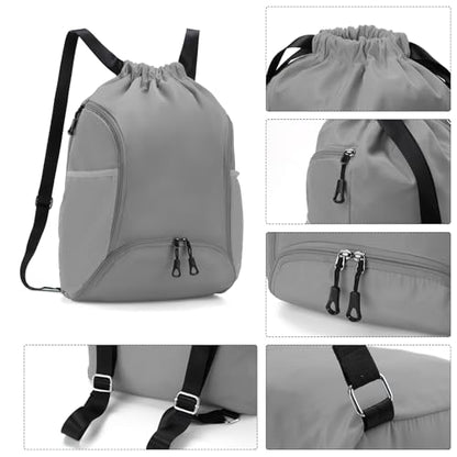 Valleycomfy Sports Gym Bag Drawstring Backpack with Shoes Basketball Bag and Two Water Bottle Holder,Grey - color: Grey