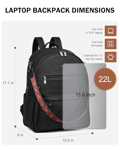 FADEON 15.6 inch Laptop Backpack Purse for Women Designer PU Leather Computer Backpacks Fashion for Work Travel Black - color: Black Retro Style