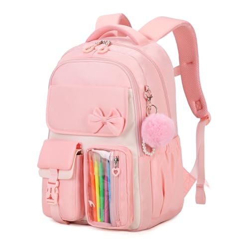 Girls Backpack, School Backpack for Girls, Cute Bow Kids Bookbag for Grils Children Teens for Elementary Middle High School Student, Pink - color: Pink
