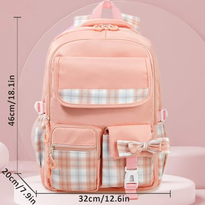 MCWTH Checkered Backpack for Teen Girls, Kawaii Cute Kids Elementary Student School Backpacks (Bow Pink) - color: Checkered Pink
