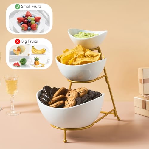 LYEOBOH 3 Tier Serving Bowls Set Tiered Serving Stand, Porcelain Oval Bowls with Collapsible Metal Stand for Entertaining, Party, Dessert Display, Candy, Chip and Dip (Gold)-45oz / 17.5oz / 7oz - color: Gold, style: Oval bowls