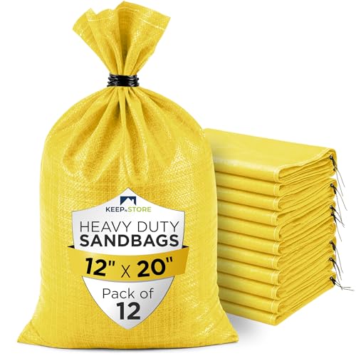 Heavy Duty Sand Bags Pack of 12, Bright Yellow Empty Sandbags with Built-In Ties, Woven Polypropylene UV Protection 1600 Hours, Fillable Bags for Flood Control, Weight, 12x20 inches, 25 Pounds Volume - size: 12"W x 20"L, style: Pack of 12