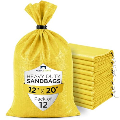Heavy Duty Sand Bags Pack of 12, Bright Yellow Empty Sandbags with Built-In Ties, Woven Polypropylene UV Protection 1600 Hours, Fillable Bags for Flood Control, Weight, 12x20 inches, 25 Pounds Volume - size: 12"W x 20"L, style: Pack of 12