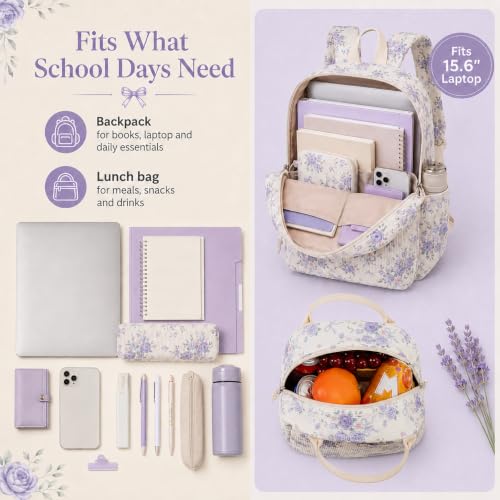 BTOOP School Backpacks for Teen Girls Bookbags Lightweight Kids Backpack School Bags Set with Lunch Box Pencil Case - color: Purple Flroal Bow