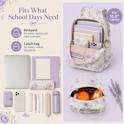 BTOOP School Backpacks for Teen Girls Bookbags Lightweight Kids Backpack School Bags Set with Lunch Box Pencil Case - color: Purple Flroal Bow