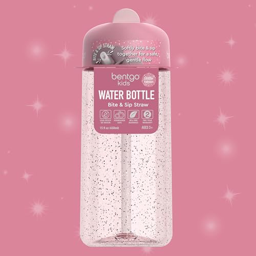 Bentgo Kids Water Bottle - Leak-Proof, Durable Tritan PFAS- & BPA-Free 15 fl oz, Kids/Toddlers Ages 3+ for School & Sports; Bite & Sip Spout, Carrying Handle, Dishwasher Safe (Petal Pink - Glitter) - color: Petal Pink