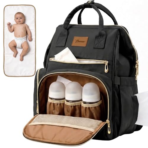 Diaper Bag Backpack, Large Capacity Baby Bag with Stroller Straps and Luggage Sleeve, Insulated Bottle Pockets, Changing Pad, Wet/Dry Pocket, Unisex for Mom and Dad, 27L Black - color: Black, size: Large
