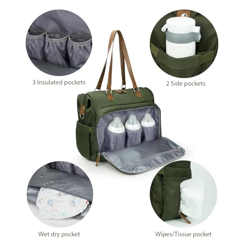 Mom‘s Diaper Bag 4 in 1 Diaper Baby Tote, Hospital Bag for Labor & Delivery, Large Waterproof Baby Travel Weekender with 3 Insulated Pockets,Olive Green - color: Olive Green M